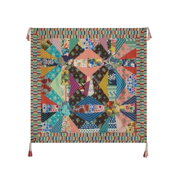 NWT Johnny Was Imagination Scarf in Multi Black Parrot Patchwork Silk Tassel - Picture 1 of 5